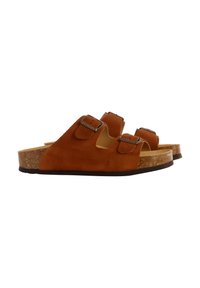 Sandali in suede marrone con due fibbie regolabili, una soletta in sughero e una suola in gomma nera testurizzata. Design open-toe per una migliore traspirabilità.