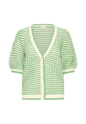 Cardigan à manches courtes rayé vert clair et blanc avec col en V, boutons sur le devant et motif tricoté texturé.