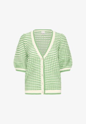 Cardigan à manches courtes rayé vert clair et blanc avec col en V, boutons sur le devant et motif tricoté texturé.