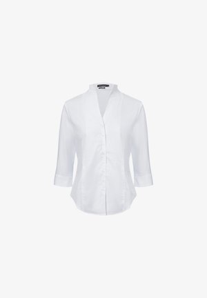 White button-up shirt with a stand collar, three-quarter sleeves, and a tailored fit. Made of smooth fabric with a slight sheen.