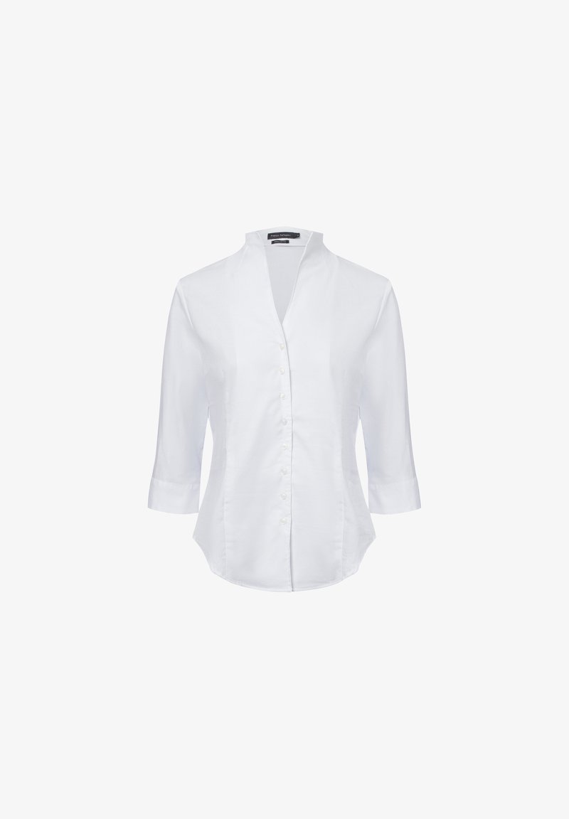 White button-up shirt with a stand collar, three-quarter sleeves, and a tailored fit. Made of smooth fabric with a slight sheen.
