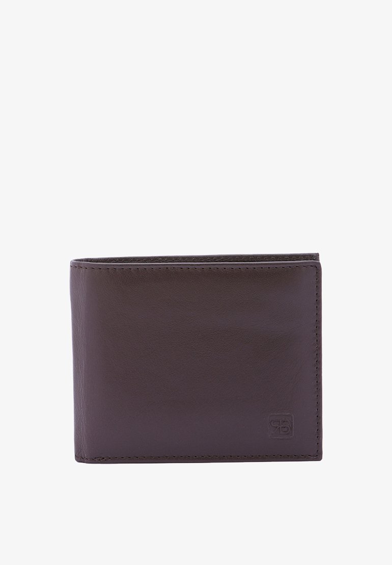 Bruine leren portefeuille met een gladde textuur, dubbele vouwontwerp en gestikte randen. Bevat een subtiel verdiept logo in de onderste hoek.