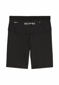 Shorts de sport noirs en tissu extensible avec une texture lisse. Comprend une taille élastique et une poche zippée sur le côté. Texte imprimé au dos.