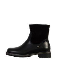 Zwarte enkelboot met een gestructureerde corduroy bovenkant en een glad leren paneel. Voorzien van een zijrits en een robuuste zool.
