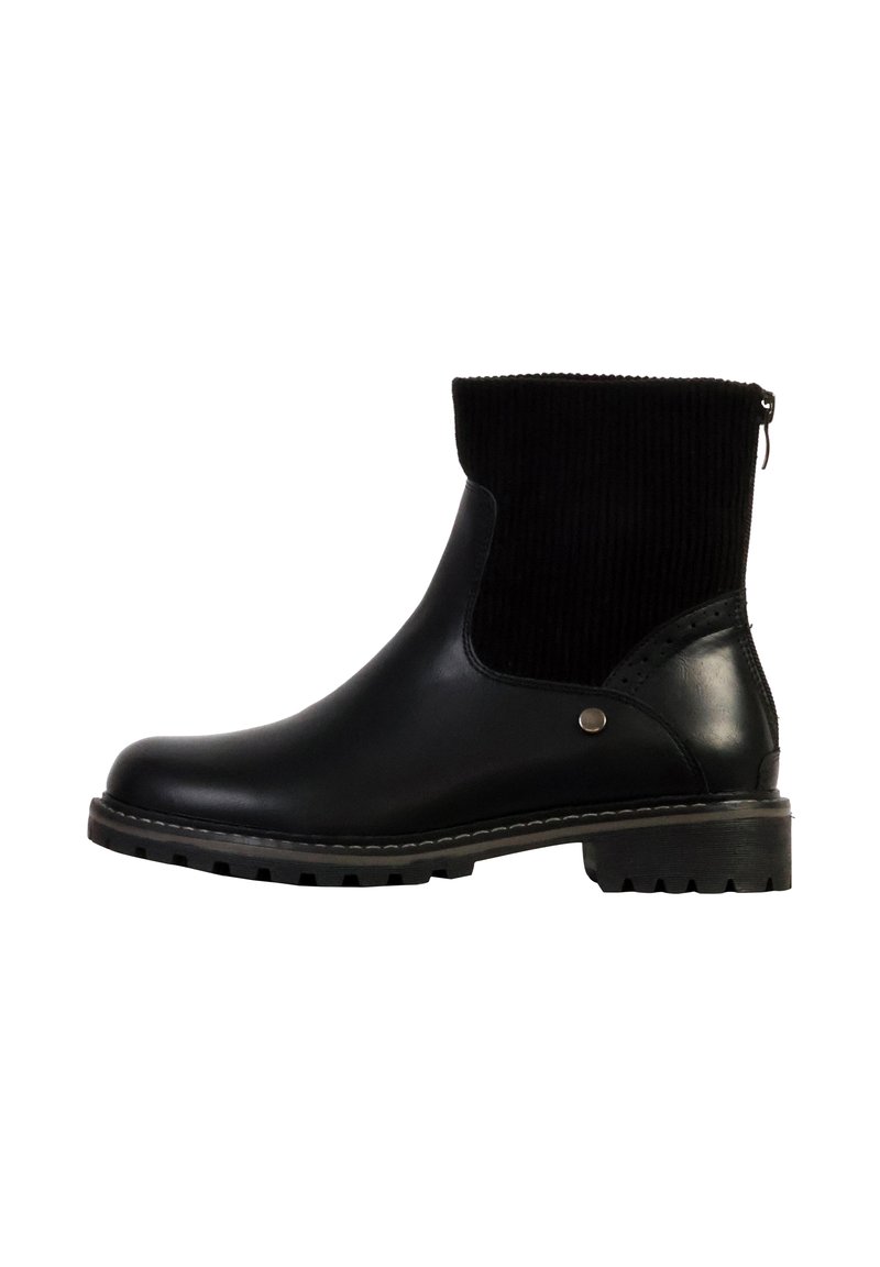 Zwarte enkelboot met een gestructureerde corduroy bovenkant en een glad leren paneel. Voorzien van een zijrits en een robuuste zool.