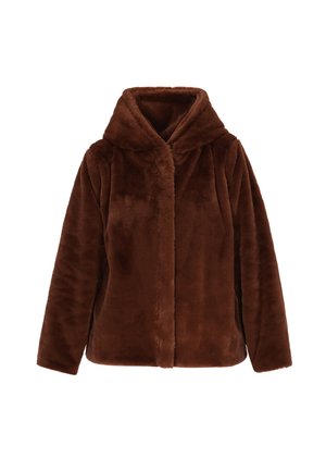 Bruine nepbont hooded jas met een zachte textuur, ritssluiting en zijzakken. Heeft een ontspannen pasvorm en een gladde, pluche stof.