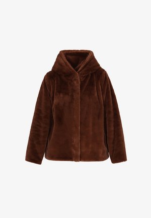 Brūns mākslīgās kažokādas apvalks ar kapuci, mīksta tekstūra, ar rāvējslēdzēju un sānu kabatām. Iezīmē relaksētu piegriezumu un gludu, pūkainu audumu.