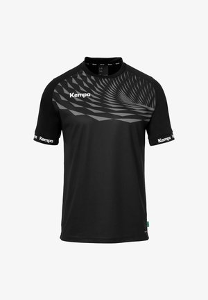 Zwarte T-shirt met korte mouwen en een gepatterned grijze design op de voorkant. Bevat het "Kempa"-logo op de borst en mouwen. Glad textuur, atletische pasvorm.