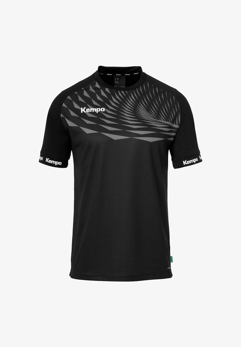 Sort kortærmet skjorte med et mønstret grå design på forsiden. Har "Kempa" logo på brystet ogærmerne. Glat tekstur, atletisk pasform.
