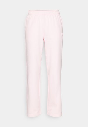 Pantalon de survêtement rose clair en tissu doux, avec une taille élastique et une coupe droite. Pas de poches ni de détails métalliques visibles.