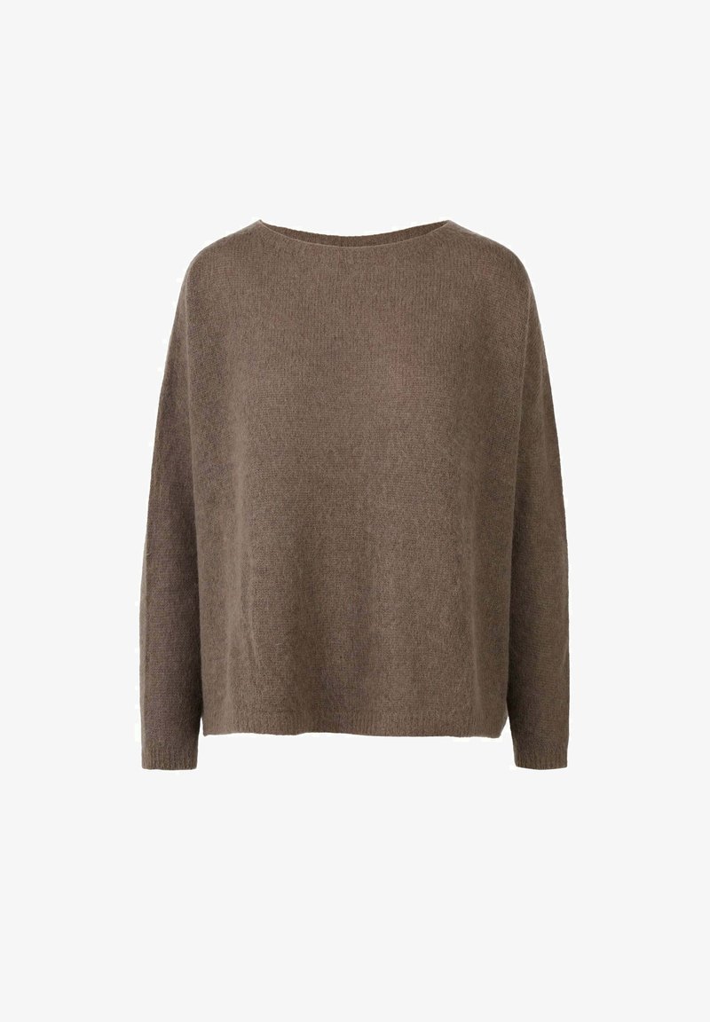 Brauner, weich strukturierter Pullover mit langen Ärmeln und weitem Ausschnitt. Einfaches, locker sitzendes Design mit geradem Saum.
