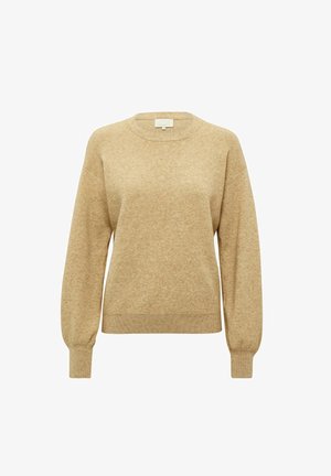 Bežs adīts džemperis ar apaļu kaklu, nolaistām plecu līnijām un ribotām piedurknēm un apakšmalu. Izgatavots no mīksta, teksturēta auduma.