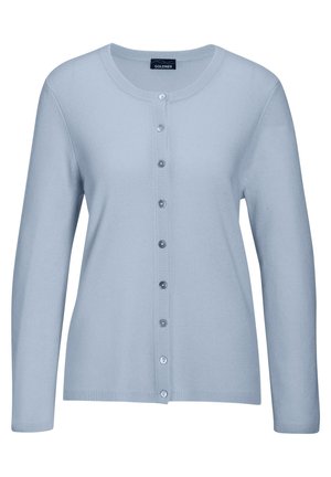 Lichtblauwe cardigan van zachte stof, met een ronde hals, lange mouwen en een sluiting met knopen aan de voorkant met doorzichtige knopen.