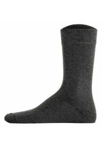 Dunkelgraue Baumwollsocke mit geripptem Bündchen, die eine glatte Textur und ein klassisches Knöchellängen-Design aufweist. Keine sichtbaren Muster oder Verzierungen.