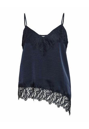 Μαύρο σατινέ καμιζόλ με δαντέλα κατά μήκος της λαιμόκοψης σε σχήμα V και ασύμμετρο τελείωμα, με λεπτές ρυθμιζόμενες τιράντες.