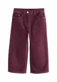 Pantaloni a gamba larga in corduroy bordeaux con finitura testurizzata, dotati di tasche frontali e chiusura con bottone metallico in vita.