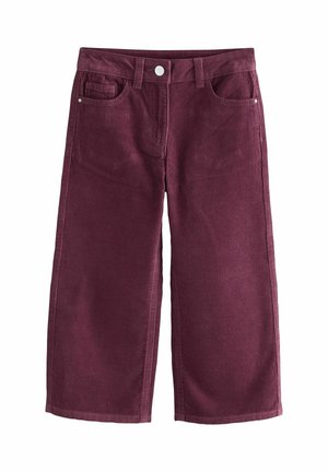 Bordeaux corduroy wijde broek met een gestructureerde afwerking, voorzien van zijzakken en een metalen knoopsluiting bij de taille.