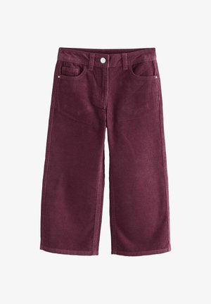 Pantaloni a gamba larga in corduroy bordeaux con finitura testurizzata, dotati di tasche frontali e chiusura con bottone metallico in vita.