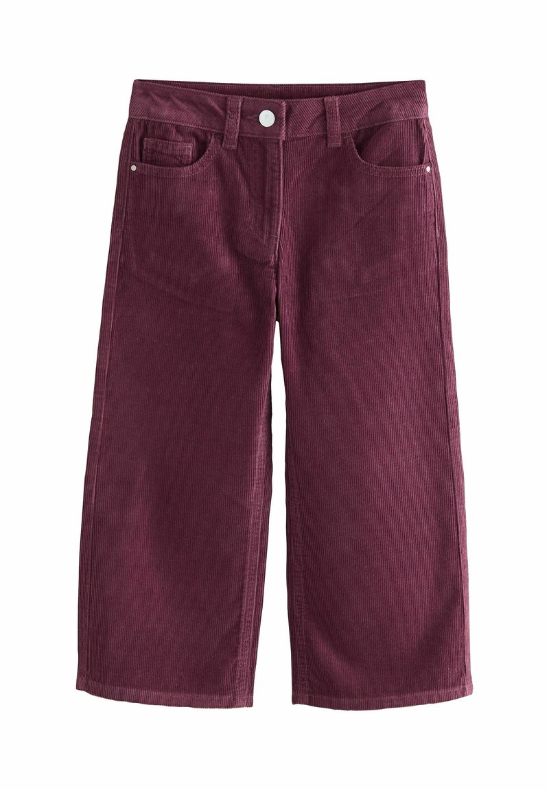 Pantaloni a gamba larga in corduroy bordeaux con finitura testurizzata, dotati di tasche frontali e chiusura con bottone metallico in vita.