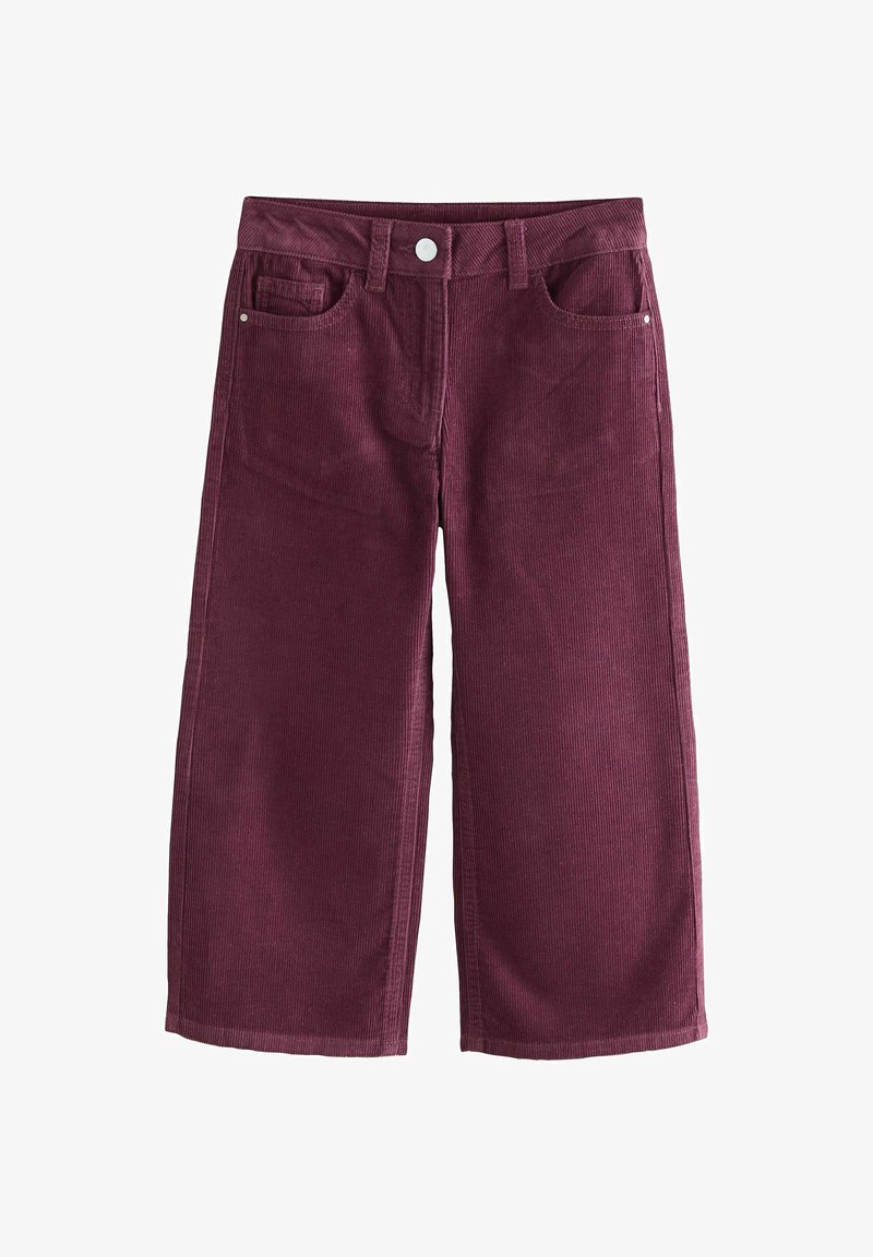 Pantaloni a gamba larga in corduroy bordeaux con finitura testurizzata, dotati di tasche frontali e chiusura con bottone metallico in vita.