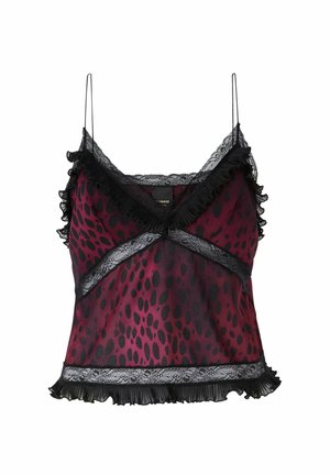Burgundska satenasta camisole s crnim leopard uzorkom, s čipkastim rubom i nabranim detaljima duž izreza i rubova. Tanke podesive naramenice.