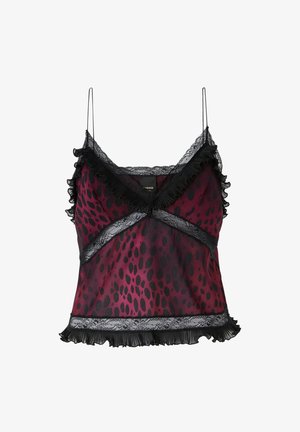 Burgundska satenasta camisole s crnim leopard uzorkom, s čipkastim rubom i nabranim detaljima duž izreza i rubova. Tanke podesive naramenice.