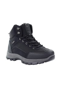 Czarne buty trekkingowe wykonane z połączenia gładkich i teksturowanych materiałów syntetycznych, z metalowymi oczkami, mocnymi sznurowadłami i wytrzymałą podeszwą.