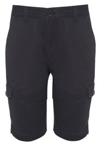 Bermudas negras de trabajo con cierre de botón, múltiples bolsillos laterales y detalles cosidos. Fabricadas en un material de algodón duradero.