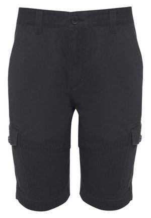 Pantaloni cargo neri con chiusura a bottone, multiple tasche laterali e dettagli cuciti. Realizzati in materiale di cotone resistente.