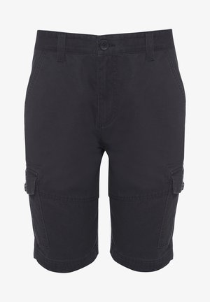Pantaloni cargo neri con chiusura a bottone, multiple tasche laterali e dettagli cuciti. Realizzati in materiale di cotone resistente.