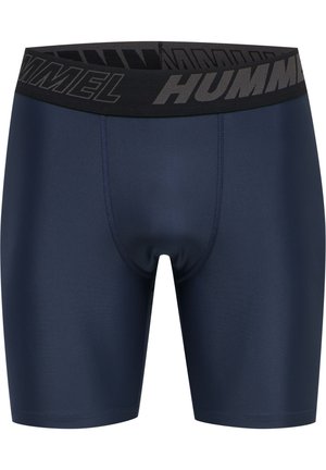 Marineblaue Sportshorts mit glatter Textur, ausgestattet mit einem schwarzen elastischen Bund, der mit "HUMMEL" in einer kontrastierenden Schriftart gekennzeichnet ist.