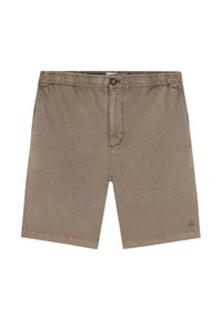 Pantaloni scurți maro, fabricați dintr-un material moale, cu talie elastică, fermoar frontal, închidere cu nasture și detaliu cu logo pe marginea inferioară.
