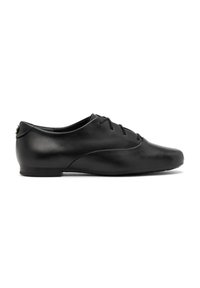 Scarpe in pelle nera con lacci, finitura liscia, punta arrotondata e suola piatta. Presentano un design minimalista e sottili accenti laterali.