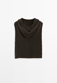 Indumento con cappuccio in misto lana di un marrone scuro e morbido, che presenta una forma rilassata con un colletto drappeggiato e senza chiusure visibili.