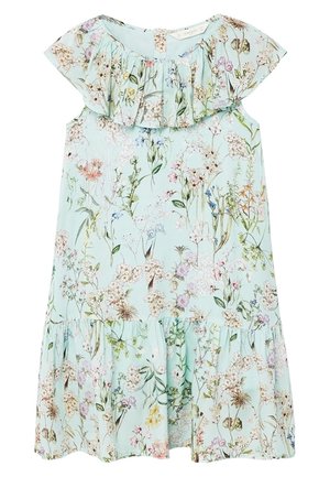 Lyseblå ærmeløs kjole med flæsekant ved halsen og underkanten, prydet med et delikat flerfarvet blomsterprint med små markblomster og blade.