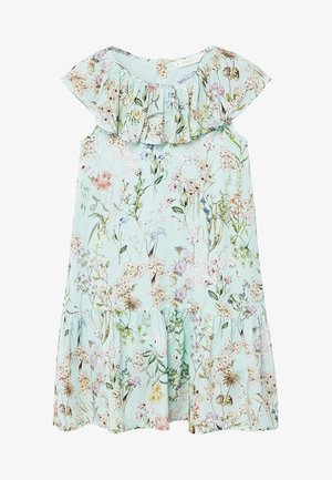 Vestido azul claro sin mangas con cuello y dobladillo con volantes, con un delicado estampado floral multicolor de pequeñas flores silvestres y hojas.