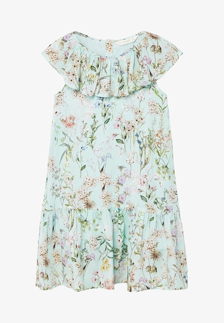 Robe bleu clair sans manches avec col et ourlet à volants, ornée d'un délicat imprimé floral multicolore avec de petites fleurs sauvages et des feuilles.