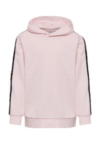 Lichtroze hoodie met een voorzak, geribbelde manchetten en zwarte zijstrepen met witte tekstaccenten. Soepele stoftextuur.