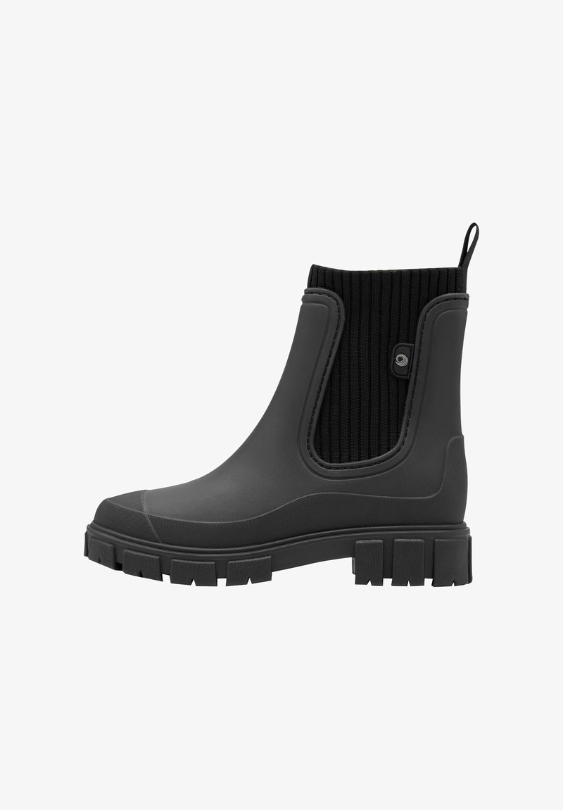 Bottines noires imperméables avec un panneau élastique en textile à nervures, bout rond et semelle épaisse. Comprend une languette pour un enfilage facile.