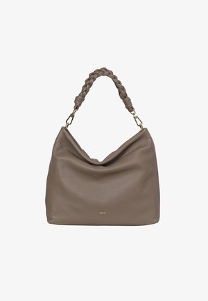 Brown leather handbag with a slouchy shape, braided handle, gold hardware accents, and a subtle logo on the front.
