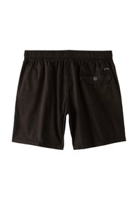 Pantalones cortos de algodón negros con una cinturilla elástica, delantero plano y bolsillo trasero abotonado. Textura suave sin patrones ni logotipos visibles.