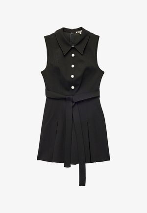 Schwarzes ärmelloses Kleid mit Kragen, vorderen Knöpfen und einem gebundenen Gürtel. Verfügt über ein plissiertes Design und strukturierte Stoffdetails.