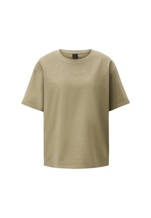 Olivengrøn bomulds t-shirt med rund halsudskæring, korte ærmer og diskret logo detail broderet på forsiden. Glat tekstur.