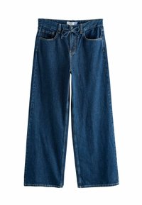 Vaqueros de pierna ancha en azul oscuro, con cintura ajustable con cordón, cuatro bolsillos y detalles de costuras. La tela tiene una textura suave.