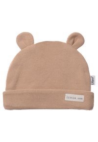 Beige gestrickte Mütze mit umgeschlagenem Saum, die oben zwei erhobene Ohren hat. Enthält ein kleines Stoffetikett mit "little one" an der Seite.