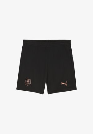 Pantaloni sportivi neri realizzati in tessuto testurizzato, con una patch del logo arancione sulla gamba sinistra e un piccolo logo Puma arancione sulla destra.