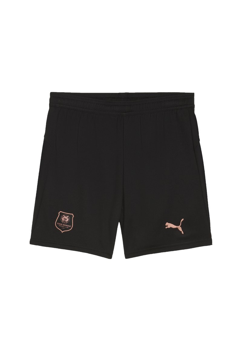 Svarta träningsshorts i strukturerad tyg, med en orange logotyp på vänster ben och en liten orange Puma-logotyp på höger.