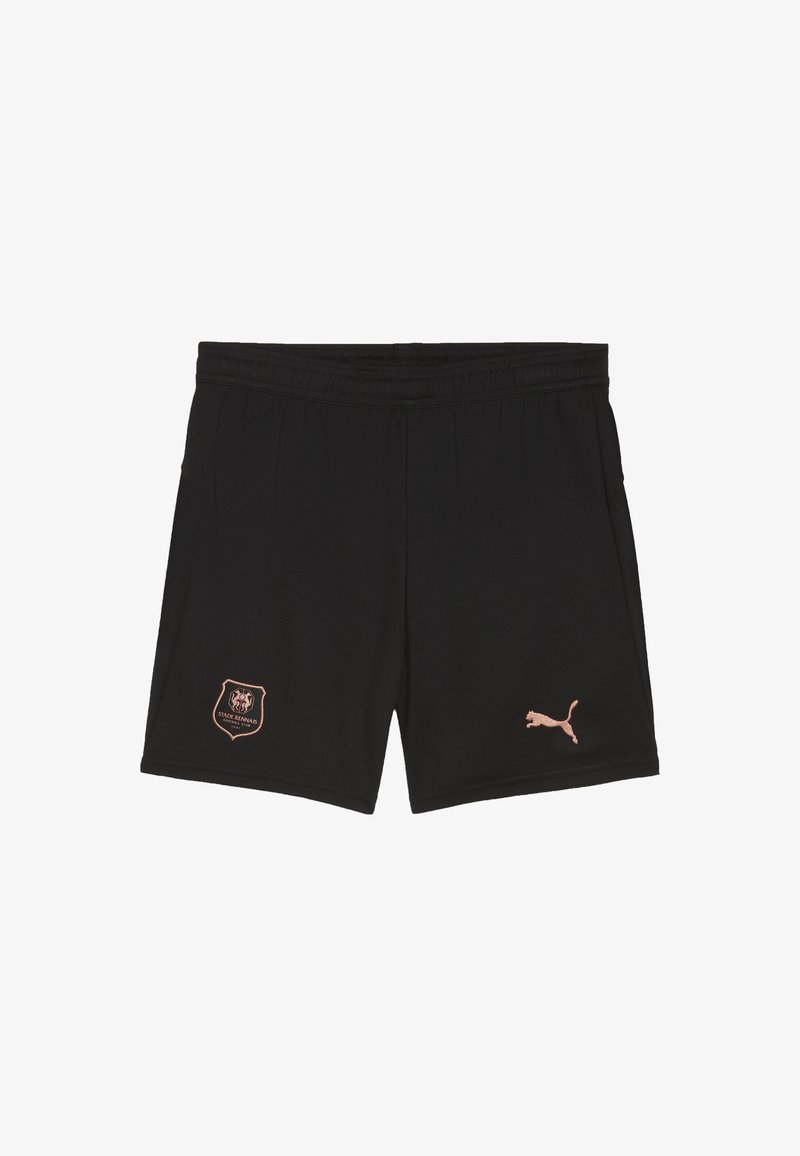 Pantalones cortos deportivos negros confeccionados en tela texturizada, con un parche de logo naranja en la pierna izquierda y un pequeño logo de Puma naranja en la derecha.