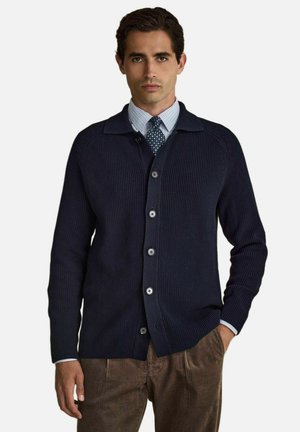 Mand iført navyblå cardigan med knapper over en stribet skjorte og mønstret slips, kombineret med brune kordbuksere, stående med den ene hånd i lommen.