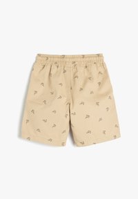 Beige shorts, jotka esittelevät toistuvaa kuvioita pienistä mustista kuvista. Joustonauha vyötäröllä, ei taskuja, sileä pinta, rento leikkaus.